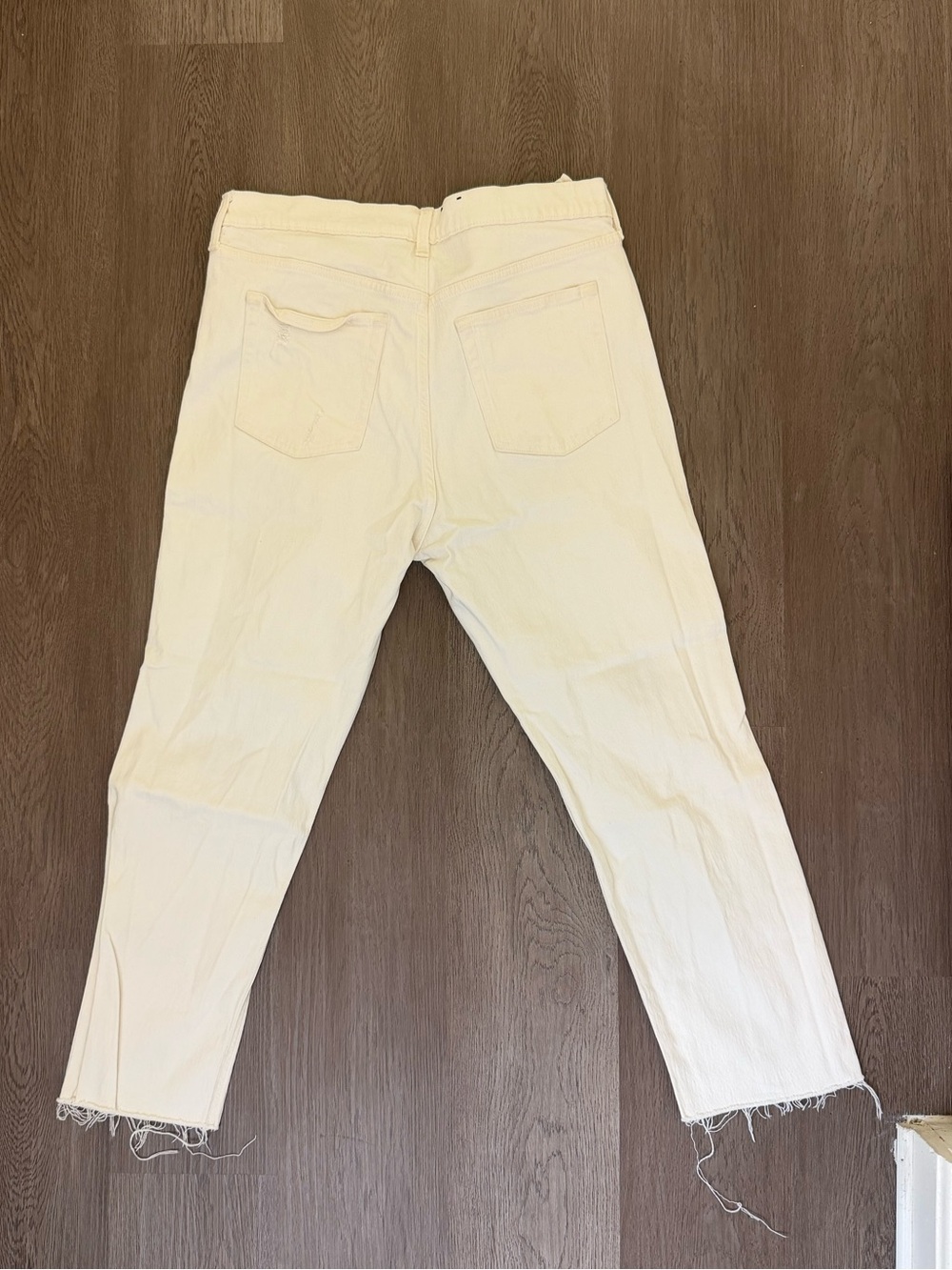 Sun + Stone White Straight Leg Jeans with Raw Hem Detail